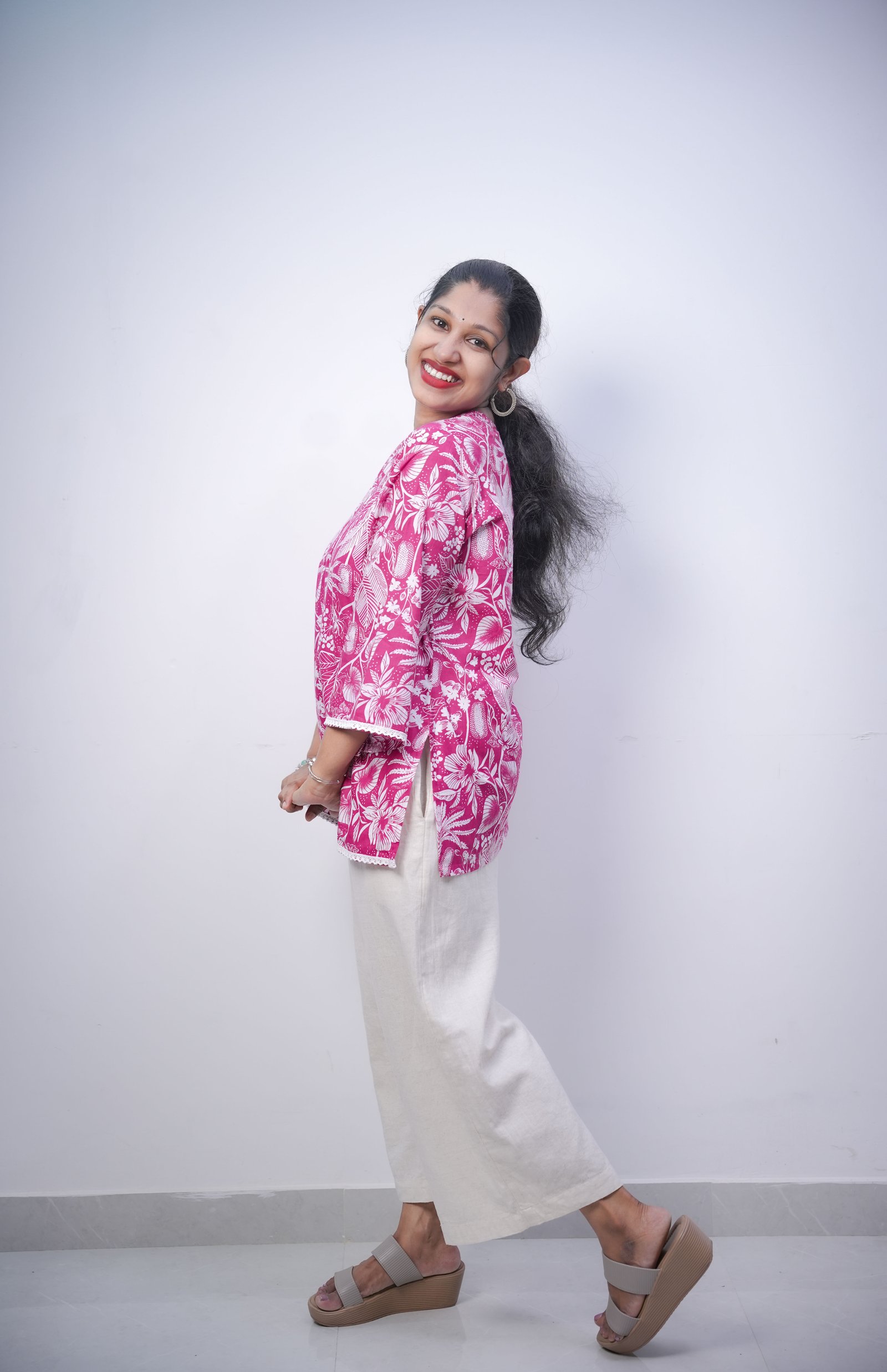 Magenta Pink Floral Block Print Cotton Short Kurti